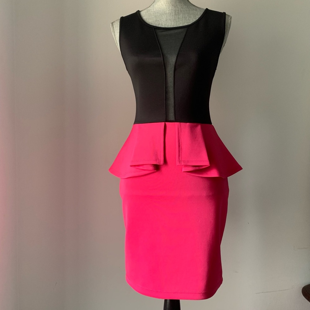 Pink and Black mesh cut out peplum dress